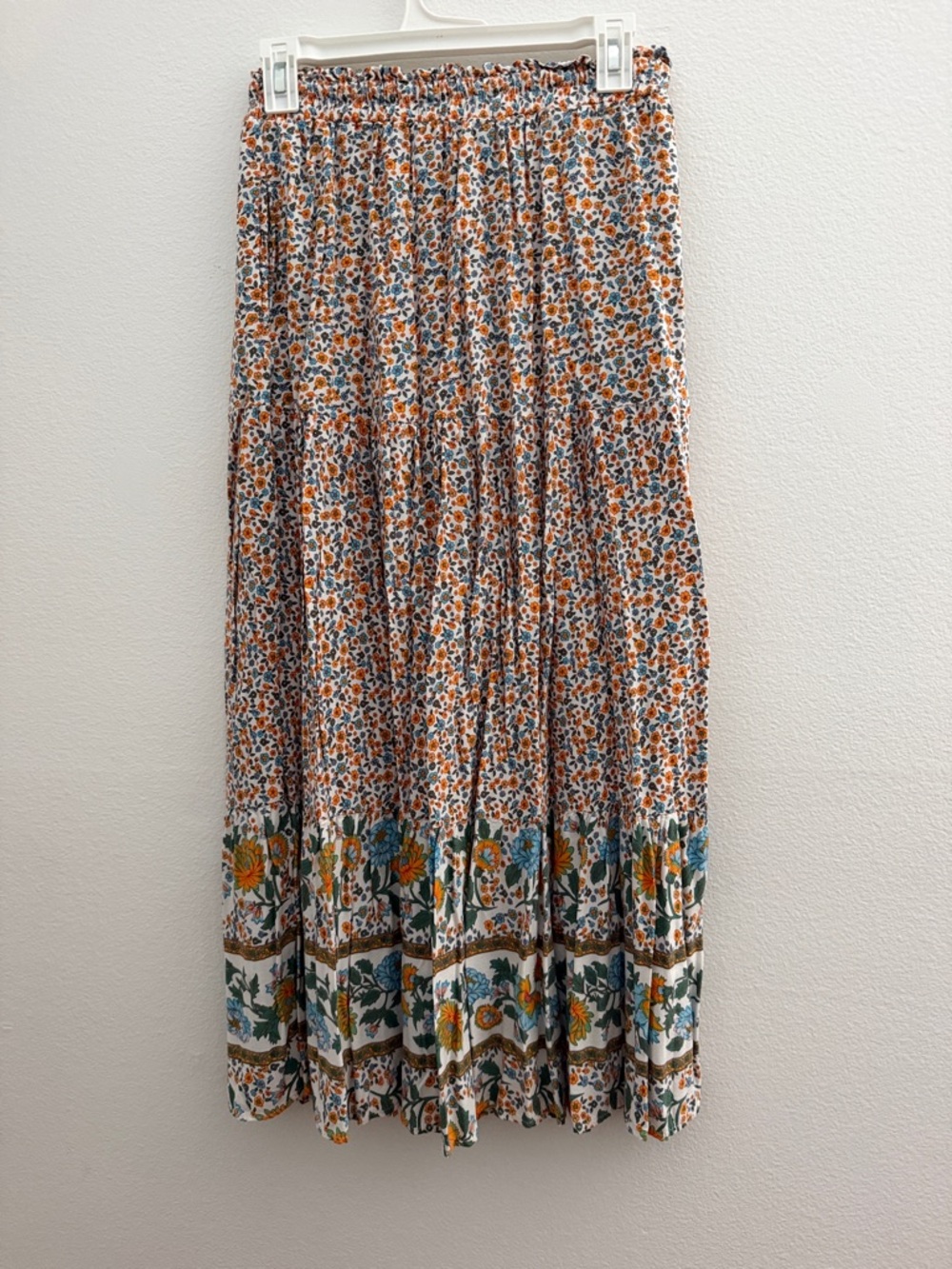 Boho Floral Tiered Maxi Skirt in White, Orange & Blue - Picture 3 of 4